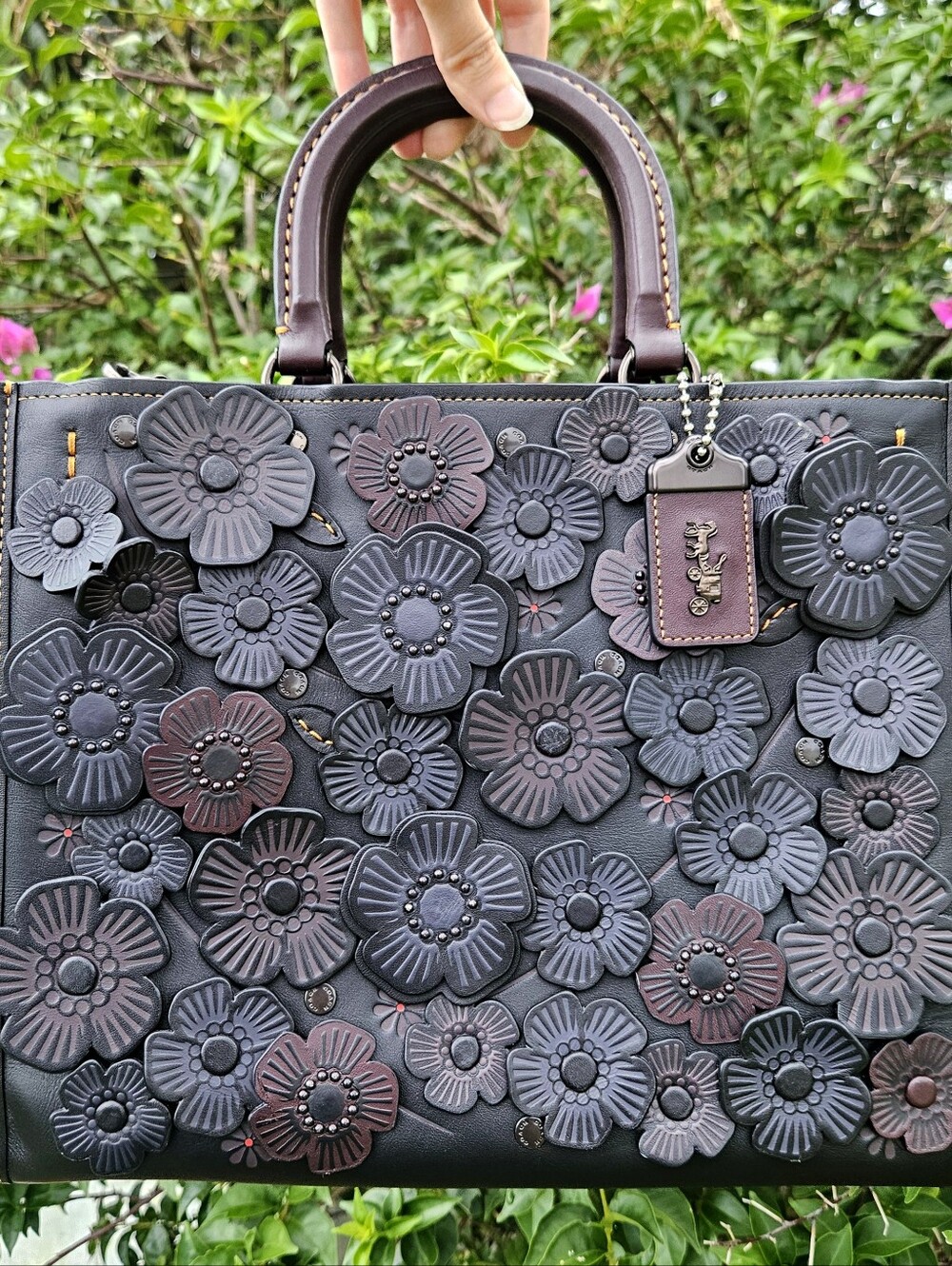 Coach Rogue 30 Tea Rose C8520 Black Multi Colorblock Leather Satchel